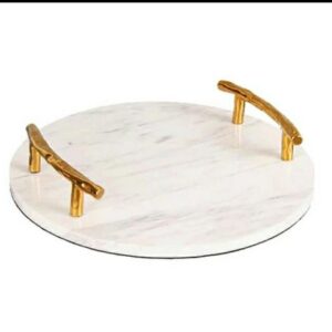 White Marble Round Tray With Brass Handle